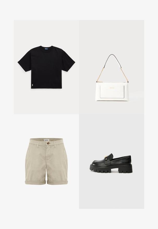 Črna bombažna majica s kratkimi rokavi, okroglo ovratnikom in majhnim belim logotipom na spodnjem levem delu. Klasična, kvadratna oblika z minimalnimi detajli.; Bež kratke hlače iz bombaža z valovitim robom, z sprednjo gumbno zaponko in šivanimi žepi. Gladka tekstura z minimalnimi podrobnostmi.; Črne usnjene loaferje z debelim podplatom, ki imajo zlatoten naglas na sprednji strani in gladko površino. Debela oblika profila na podplatu.; Bela usnjena torbica z teksturirano površino, ki vključuje zlat pas in črne detajle. Ima sprednji žep in zadrgo.