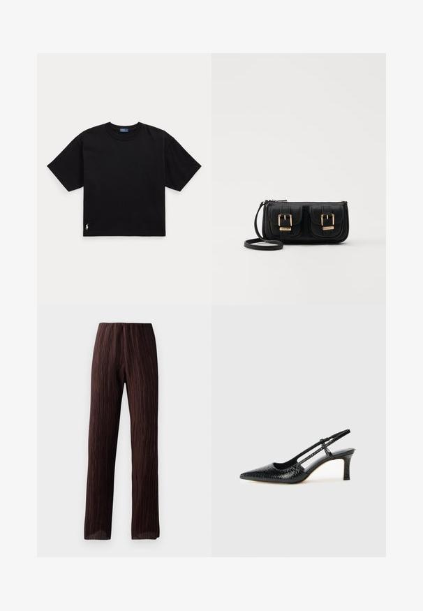 T-shirt en coton noir à manches courtes, col rond, avec un petit logo blanc en bas à gauche. Coupe classique, ample, avec un minimum de détails.; Pantalons marron à large jambe avec une texture plissée, taille haute et design fluide. Fabriqués en tissu léger. Aucun fermoir visible.; Escarpin slingback en vernis noir avec un bout pointu, présentant un imprimé serpent texturé, une sangle réglable et un petit talon bloc texturé.; Sac en cuir noir porté en travers avec deux poches avant, boucles dorées, fermeture zippée et une sangle fine. Surface texturée et forme rectangulaire compacte.; Une paire de boucles d'oreilles en métal doré, de forme ovales irrégulières, avec une surface texturée et légèrement martelée sur fond blanc.