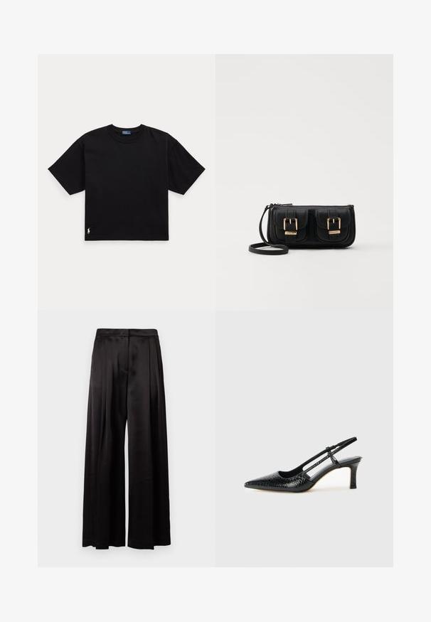 Black cotton t-shirt with short sleeves, round neck, and a small white logo on the bottom left. Classic, boxy fit with minimal detailing.; Black wide-leg trousers made of smooth satin fabric. Features a pleated front and a high waist with a sleek finish. No visible pockets.; Black patent slingback heel with a pointed toe, featuring textured snake print, adjustable strap, and a short, textured block heel.; Black leather crossbody bag with two front pockets, gold buckles, zipper closure, and a slim strap. Textured surface and compact rectangular shape.