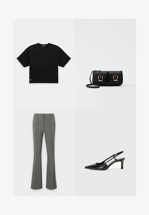 Svart bomull t-skjorte med korte ermer, rund hals, og en liten hvit logo nederst til venstre. Klassisk, boksete passform med minimale detaljer.; Grå, vide bukser laget av teksturert stoff. Har to knapper ved midjen og detaljert søm foran.; Sorte patent slingback hæl med spids tå, featuring tekstureret slangeskind, justerbar rem og en kort, tekstureret blokhæl.; Svart skinn crossbody veske med to frontlommer, gyldne spenner, glidelåslukking og en slank stropp. Teksturert overflate og kompakt rektangulær form.; Gullfargede metalløredobber med en buet, forlenget form. Har en jevn, blank overflate og en avrundet tupp for ekstra detaljer.