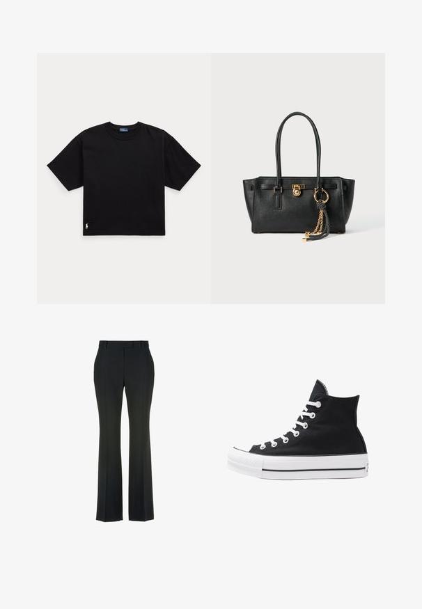 Musta puuvillapaita lyhyillä hihoilla, pyöreällä kaula-aukolla ja pienellä valkoisella logolla vasemmassa alareunassa. Klassinen, laatikkomainen malli, jossa on minimaalista yksityiskohtaisuutta.; Mustat, hulmuavat housut, joissa on sileä pinta ja etu taitos. Sisältävät klassisen vyötärön ja ei näkyviä koristeluja.; Korkean ylösulkeutuvan mustan kankaan lenkkitossun, jossa on valkoiset rei'itykset, nauhat ja kumipohja. Sisältää teksturoituneen kärkitilan ja musta-valkoiset raidat.; Musta nahkainen käsilaukku, jossa on kaksinkertaiset kahvat, kultainen lukko ja ketjuyksityiskohta, sekä musta-valkoinen tupsu koriste, valkoista taustaa vasten.