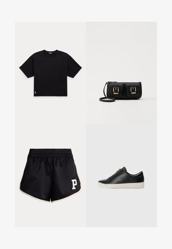 Svart bomull t-skjorte med korte ermer, rund hals, og en liten hvit logo nederst til venstre. Klassisk, boksete passform med minimale detaljer.; Sorte treningsshorts med smocket midje, beige sidestreker og en kremfarget bokstav "P" logo på venstre lår.; Sorte lær slip-on sko med en forhøjet søm, sølvhardware detaljer på overdelen og en hvid gummisko med præget branding.; Svart skinn crossbody veske med to frontlommer, gyldne spenner, glidelåslukking og en slank stropp. Teksturert overflate og kompakt rektangulær form.