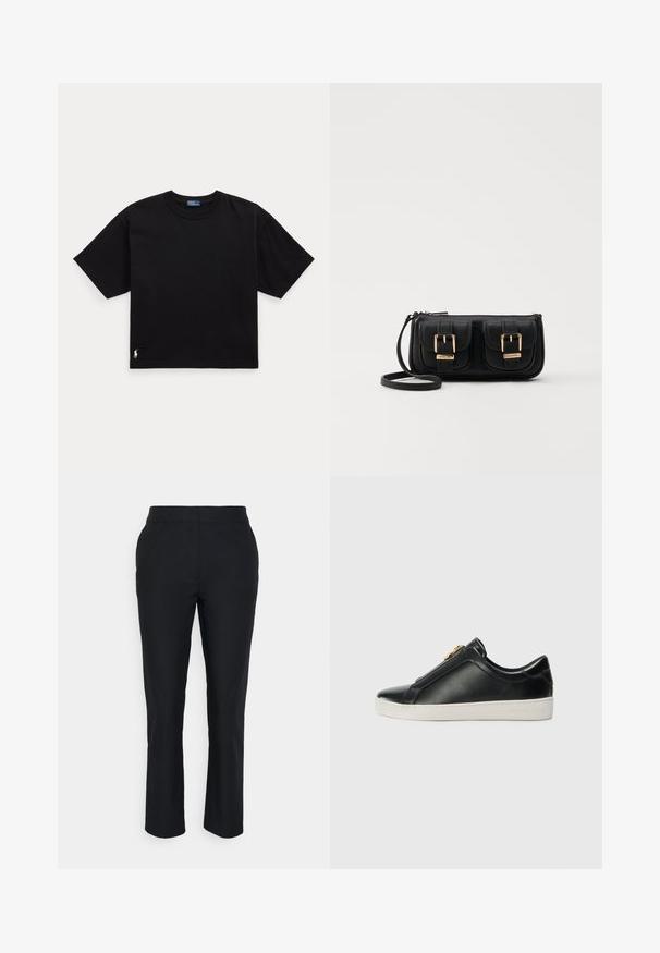 Crna pamučna majica s kratkim rukavima, okruglim izrezom i malim bijelim logom na donjem lijevom dijelu. Klasičan, širok kroj s minimalnim detaljima.; Crne krojene hlače ravnog kroja, izrađene od glatkog materijala. Imaju pojas bez vidljivih kopčanja ili džepova.; Crne kožne cipele bez vezica s podignutom šavom, srebrnim detaljem na gornjem dijelu i bijelom gumenom potplatom s urezanim brendiranjem.; Crna kožna torba preko ramena s dva prednja džepa, zlatnim kopčama, zatvaranjem na zip i uskim remenom. Teksturirana površina i kompaktan pravokutan oblik.