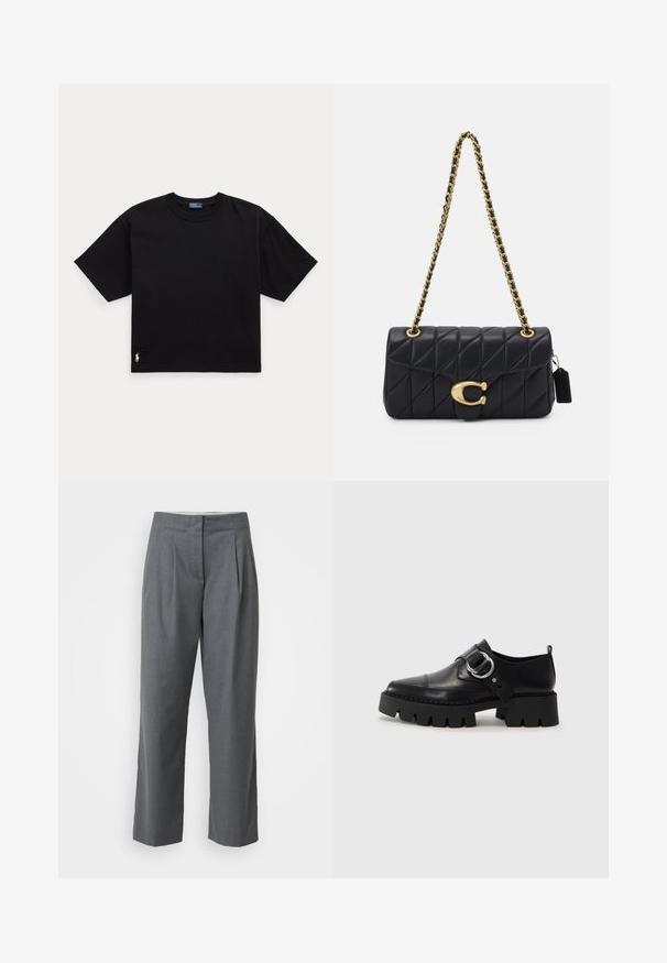 Fekete pamut póló rövid ujjal, kerek nyakkal és egy kis fehér logóval az alsó bal oldalon. Klasszikus, dobozos szabás minimális részletezéssel.; Szürke, szabott nadrág egyenes szárú szabással, sima textúrával, elől redőkkel és oldalsó zsebekkel. Látható fémalkatrészek vagy díszítések nélkül.; Fekete bőr cipők tömzsi, bordázott talppal, kerek ezüst hardware díszítéssel és minimális varrási részletekkel.; Fekete steppelt táska arany lánc pánttal, jellegzetes arany zár mellett és egy kis címkével, amely textúrált bőrfelületet mutat be.