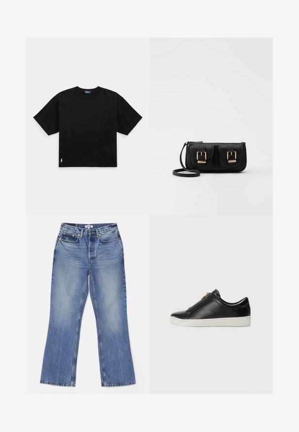 Must musta t-särk lühikeste varrukatega, ümar kaelus ja väike valge logo alumisel vasakul küljel. Klassikaline, kastikujuline lõige minimaalsete detailidega.; RE/DONE LOOSE - Bootcut-teksad - hacienda; Mustad musta nahast libistatavad kingad tõstetud õmblusega, hõbedaste detailidega ülemisel osal ja valge kummitald, millel on päikesepaistega bränding.; Must küllastamata nahast õlakott, millel on kaks esist nähtavat taskut, kuldsed pandlad, tõmblukuga sulgemine ja peen rihm. Tekstuuriga pind ja kompaktne ristkülikukujuline kuju.