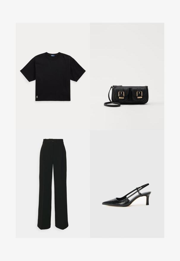 Maglietta nera in cotone a maniche corte, colletto rotondo e un piccolo logo bianco in basso a sinistra. Fit classico e boxy con dettagli minimi.; Pantaloni neri a gamba larga realizzati in un tessuto liscio, con una vita piatta, linee pulite e una vestibilità su misura senza motivi visibili.; Slingback con tacco in vernice nera con punta affusolata, caratterizzato da una stampa a serpente testurizzata, cinturino regolabile e un tacco corto e testurizzato.; Borsa a tracolla nera in pelle con due tasche frontali, fibbie dorate, chiusura con zip e una tracolla sottile. Superficie texturizzata e forma rettangolare compatta.