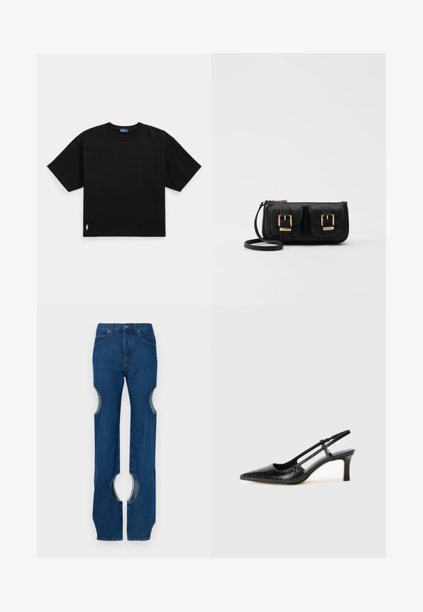 Tricou din bumbac negru, cu mâneci scurte, guler rotund și un mic logo alb în colțul din stânga jos. Croială clasică, pătrată, cu detalii minime.; Blugi din denim albastru închis, cu detalii decupate pe coapsele exterioare, croială dreptă și cusături contrastante de-a lungul cusăturilor.; Pantofi cu toc slingback negri din patent, cu vârf ascuțit, cu imprimeu de șarpe texturat, curea ajustabilă și toc scurt texturat.; Geantă neagră din piele, tip crossbody, cu două buzunare frontale, catarame aurii, închidere cu fermoar și o curea subțire. Suprafață texturată și formă rectangulară compactă.