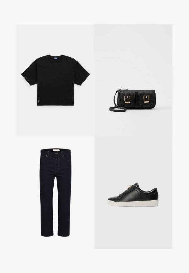 Crna pamučna majica s kratkim rukavima, okruglim izrezom i malim bijelim logom na donjem lijevom dijelu. Klasičan, širok kroj s minimalnim detaljima.; Tamno plave traperice s ravnim krojem, dizajnom s pet džepova, vidljivim šavovima i klasičnom kopčom na dugme na struku.; Crne kožne cipele bez vezica s podignutom šavom, srebrnim detaljem na gornjem dijelu i bijelom gumenom potplatom s urezanim brendiranjem.; Crna kožna torba preko ramena s dva prednja džepa, zlatnim kopčama, zatvaranjem na zip i uskim remenom. Teksturirana površina i kompaktan pravokutan oblik.