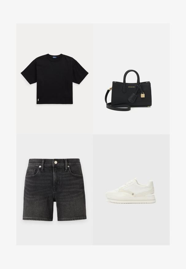 Μαύρο βαμβακερό t-shirt με κοντά μανίκια, στρογγυλή λαιμόκοψη και μικρό λευκό λογότυπο στο κάτω αριστερό μέρος. Κλασική, τετράγωνη εφαρμογή με ελάχιστες λεπτομέρειες.; Μαύρες τζιν βερμούδες με κλασικό σχέδιο πέντε τσεπών, διαθέτοντας κλείσιμο με κουμπί μπροστά και ελαφριά ξεθώριαση για υφή.; Λευκά αθλητικά παπούτσια με συνδυασμό λείων και υφασμάτινων υλικών, με διακριτό λογότυπο, σχέδιο με κορδόνια και ζιγκ-ζαγκ σόλα.; Μαύρη δερμάτινη τσάντα με δομημένο σχέδιο, επάνω λαβές και αποσπώμενο ιμάντα ώμου. Διαθέτει χρυσό φιόγκο και γοητεία με λογότυπο.