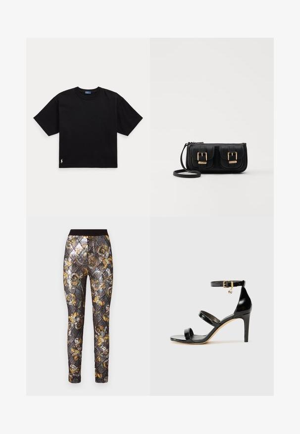 Čierne bavlnené tričko s krátkymi rukávmi, okrúhlym výstrihom a malým bielym logom v dolnom ľavom rohu. Klasický, voľný strih s minimalistickým designom.; Čierne a zlaté legíny s vzorom, ktoré obsahujú diamantový dizajn so flitrami, elastický pás a zložitými kvetinovými akcentmi.; Čierne lakované sandále s tromi pásikmi, spona na členku a 10 cm ihlovým podpätkom. Obsahujú zlaté detaily s hardwarem a logo prívesok.; Čierna kožená crossbody taška s dvoma prednými vreckami, zlatými sponami, zipsovým uzatváraním a úzkym popruhom. Štruktúrovaný povrch a kompaktný obdĺžnikový tvar.