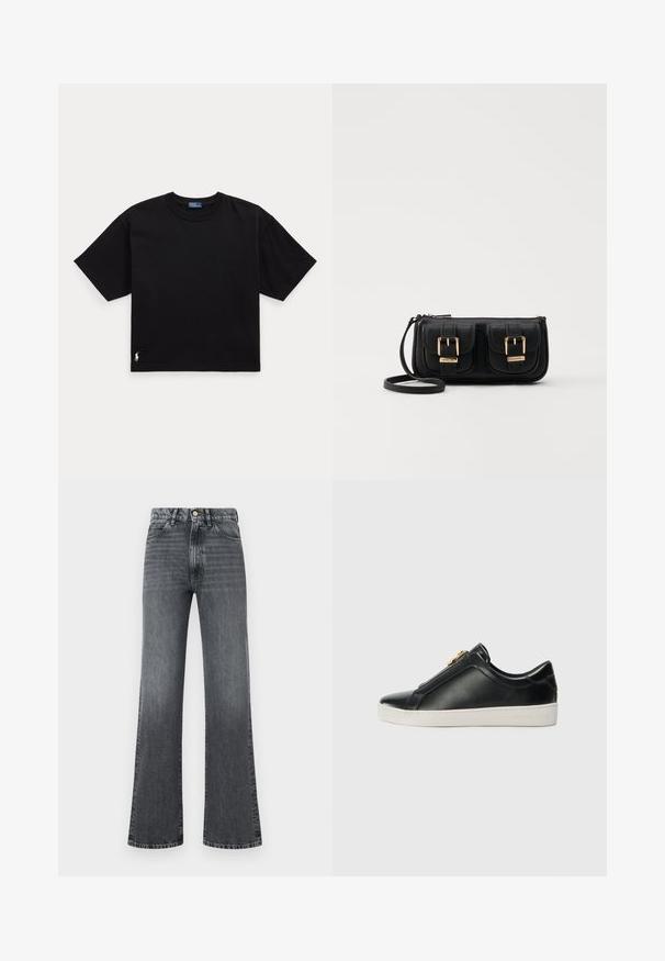 Melnā kokvilnas t-krekls ar īsām piedurknēm, apaļu kaklu un mazu baltu logo apakšējā kreisajā stūrī. Klasisks, taisnstūrveida piegriezums ar minimālu detaļu skaitu.; Pelēki denima paplašināti džinsi ar augstu jostasvietu, piecu kabatu dizainu, pogas aizdari un smalku tekstūras gradāciju no augšas uz leju.; Melnas ādas slīdētājzābaki ar izceltiem šuvēm, sudraba aparatūras detaļām augšpusē un baltu gumijas zoli ar izceltiem zīmola elementiem.; Melnas ādas crossbody soma ar divām priekšējām kabatām, zelta sprādzēm, ar rāvējslēdzēju aizdari un šauru siksnu. Strukturēta virsma un kompakta taisnstūra forma.