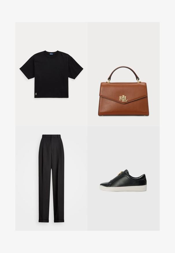 Černé bavlněné tričko s krátkým rukávem, kulatým výstřihem a malým bílým logem v dolním levém rohu. Klasický, boxy střih s minimálním detailem.; Černé, elegantní kalhoty s vysokým pasem, záhybovým předním dílem, ohrnutými nohavicemi a hladkou texturou. Vyrobeno z lehkého materiálu.; Černé kožené nazouvací boty s vyvýšeným švem, detail stříbrného kování na svršku a bílá gumová podrážka s raženým logem.; Hnědá kožená kabelka se strukturovaným designem, horním uchopovacím madlem, zlatými kovovými prvky a akcentem loga na přední straně. Hladká textura.