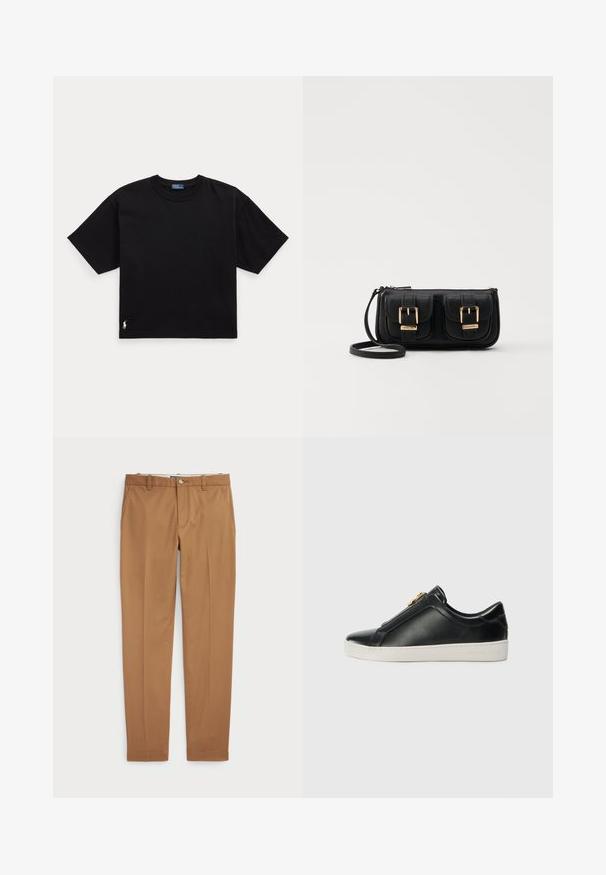 Svart bomull t-skjorte med korte ermer, rund hals, og en liten hvit logo nederst til venstre. Klassisk, boksete passform med minimale detaljer.; Brune bomullsbukser med en slim-fit design, flat front og standard lommer; jevn tekstur og kantede mansjetter.; Sorte lær slip-on sko med en forhøjet søm, sølvhardware detaljer på overdelen og en hvid gummisko med præget branding.; Svart skinn crossbody veske med to frontlommer, gyldne spenner, glidelåslukking og en slank stropp. Teksturert overflate og kompakt rektangulær form.
