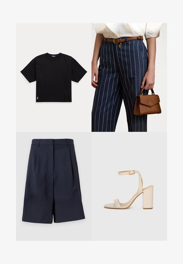 Svart bomull t-skjorte med korte ermer, rund hals, og en liten hvit logo nederst til venstre. Klassisk, boksete passform med minimale detaljer.; Marineblå tilpassede shorts laget av et glatt stoff med høy midje, legg foran og sidelommer. Renslig, strukturert silhuett.; Beige høyhælte sandaler med firkantet tå, tynn ankelrem og blokk hæl. Glatt skinntekstur med gullspenne detaljer.; Brunfarget teksturert håndveske med gullhardware, holdt ved siden av marineblå stripete bukser med hvite vertikale linjer. Enkel, strukturert design.