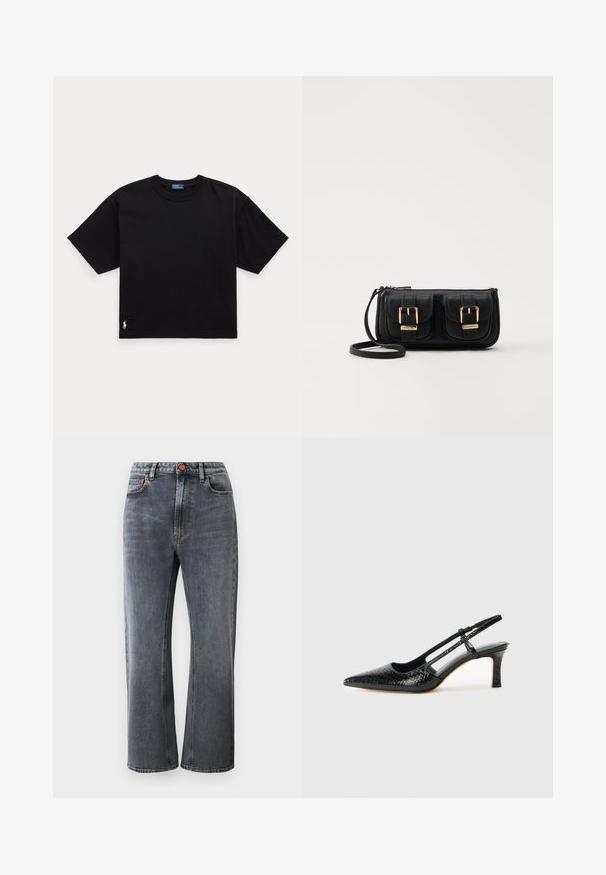 Schwarzes Baumwoll-T-Shirt mit kurzen Ärmeln, Rundhalsausschnitt und kleinem weißen Logo unten links. Klassische, kastige Passform mit minimaler Detailgestaltung.; Dunkelgraue Jeans aus Denim mit hoher Taille, geradem Bein, fünf Taschen und kontrastierendem orangenem Nähdetail.; Schwarze Lack-Slingback-Pumps mit spitzem Zehenbereich, versehen mit strukturiertem Schlangenprint, verstellbarem Riemen und einem kurzen, strukturierten Blockabsatz.; Schwarze Leder-Umhängetasche mit zwei vorderen Taschen, goldenen Schnallen, Reißverschluss und einem schmalen Tragegurt. Texturierte Oberfläche und kompakte rechteckige Form.