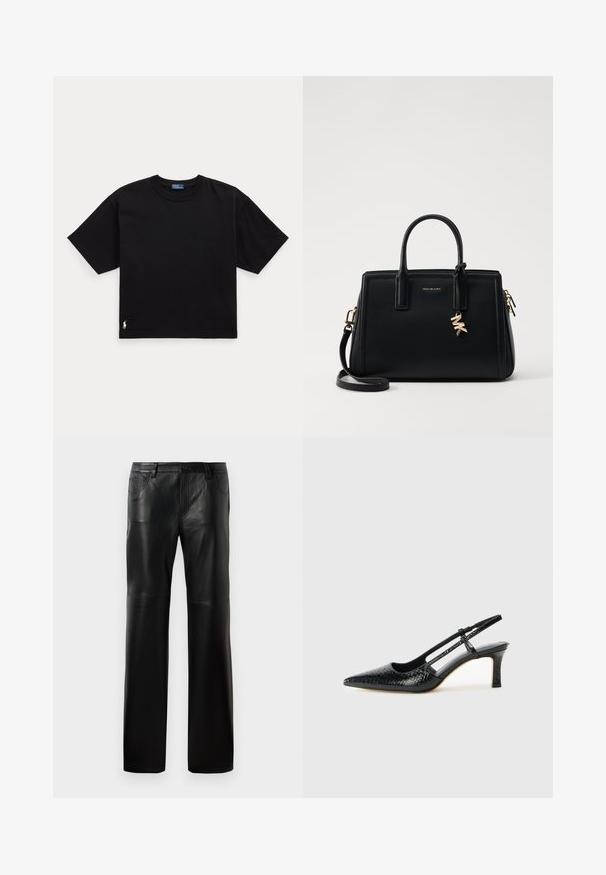 Must musta t-särk lühikeste varrukatega, ümar kaelus ja väike valge logo alumisel vasakul küljel. Klassikaline, kastikujuline lõige minimaalsete detailidega.; Mustad nahkpüksid sirge lõikega, millel on nööbivöö, viis taskut ja nähtavad õmblused õmblustel.; Mustmust paelad, millel on terav varvas, tekstuuriga maduprindiga, reguleeritav rihm ja lühike tekstuuriga plokknina.; Musta nahast käekott struktureeritud disainiga, kahekordsete ülemiste käepidemetega, eemaldatav õlavööt, kuldne riistvara ja logotäht aktsent.