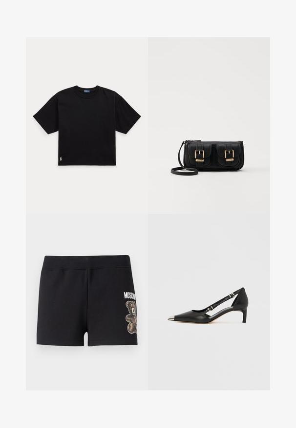 Black cotton t-shirt with short sleeves, round neck, and a small white logo on the bottom left. Classic, boxy fit with minimal detailing.; Black cotton shorts with a soft texture, featuring a teddy bear graphic and the word "Moschino" in white on the side.; Black leather kitten heel with pointed silver toe cap and dual buckle straps on a white background.; Black leather crossbody bag with two front pockets, gold buckles, zipper closure, and a slim strap. Textured surface and compact rectangular shape.