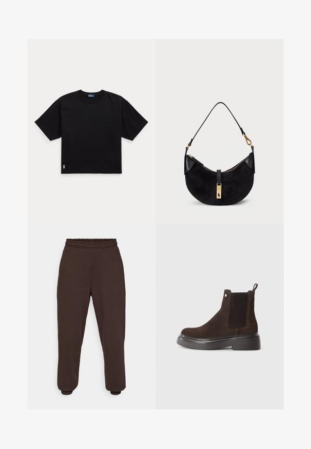 Schwarzes Baumwoll-T-Shirt mit kurzen Ärmeln, Rundhalsausschnitt und kleinem weißen Logo unten links. Klassische, kastige Passform mit minimaler Detailgestaltung.; Dunkelbraune Sweatpants aus weichem Material, mit einem elastischen Bund und elastischen Bündchen an den Knöcheln. Minimalistisches Design ohne Muster.; Braune Wildleder-Ankle Boots mit elastischen Seiteneinsätzen, Zuglasche und einer dicken schwarzen Gummisohle. Verfügt über eine glatte, matte Oberfläche.; Schwarze Handtasche mit geschwungener Form, aus Wildleder und Leder gefertigt, mit einem Reißverschluss in Goldtönen und einem Logo-Detail. Enthält einen kurzen Griff.