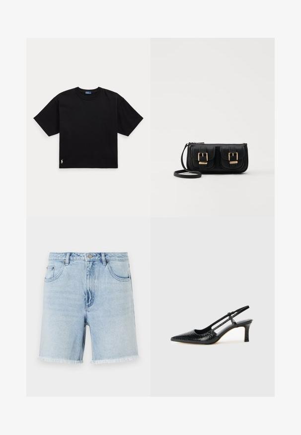 Must musta t-särk lühikeste varrukatega, ümar kaelus ja väike valge logo alumisel vasakul küljel. Klassikaline, kastikujuline lõige minimaalsete detailidega.; Heledad sinine teksapüksid lahtise äärisega, klassikaline viie tasku disain ja eesmine nööbiga sulgemine. Kangas näib pehme ja kergelt tekstureeritud.; Mustmust paelad, millel on terav varvas, tekstuuriga maduprindiga, reguleeritav rihm ja lühike tekstuuriga plokknina.; Must küllastamata nahast õlakott, millel on kaks esist nähtavat taskut, kuldsed pandlad, tõmblukuga sulgemine ja peen rihm. Tekstuuriga pind ja kompaktne ristkülikukujuline kuju.