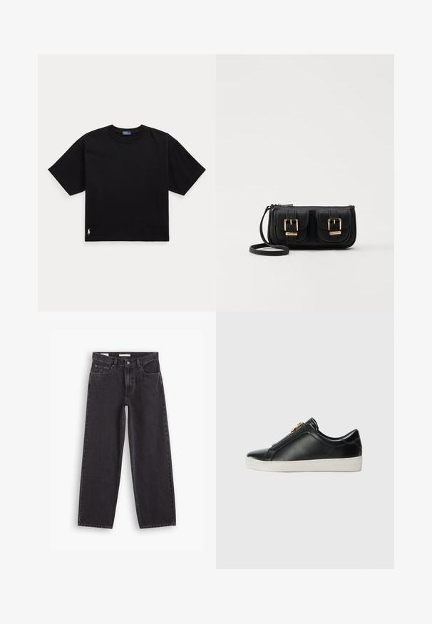 Černé bavlněné tričko s krátkým rukávem, kulatým výstřihem a malým bílým logem v dolním levém rohu. Klasický, boxy střih s minimálním detailem.; Černé široké džínové kalhoty vyrobené z denimu, s vysokým pasem, pěti kapsami a dvojitým švem. Čisté provedení bez ozdob.; Černé kožené nazouvací boty s vyvýšeným švem, detail stříbrného kování na svršku a bílá gumová podrážka s raženým logem.; Černá kožená crossbody taška se dvěma předními kapsami, zlatými přezkami, zipovým uzávěrem a štíhlým popruhem. Texturovaný povrch a kompaktní obdélníkový tvar.