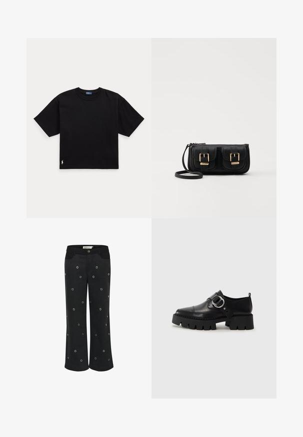 Maglietta nera in cotone a maniche corte, colletto rotondo e un piccolo logo bianco in basso a sinistra. Fit classico e boxy con dettagli minimi.; Pantaloni neri a gamba larga realizzati in tessuto morbido, con elementi decorativi in metallo argentato disposti in un motivo sparso e tasche frontali. Design con orlo svasato.; Scarpe in pelle nera con suola spessa e rigata, dotate di un accento in metallo argentato a forma circolare e dettagli di cucitura minimal.; Borsa a tracolla nera in pelle con due tasche frontali, fibbie dorate, chiusura con zip e una tracolla sottile. Superficie texturizzata e forma rettangolare compatta.