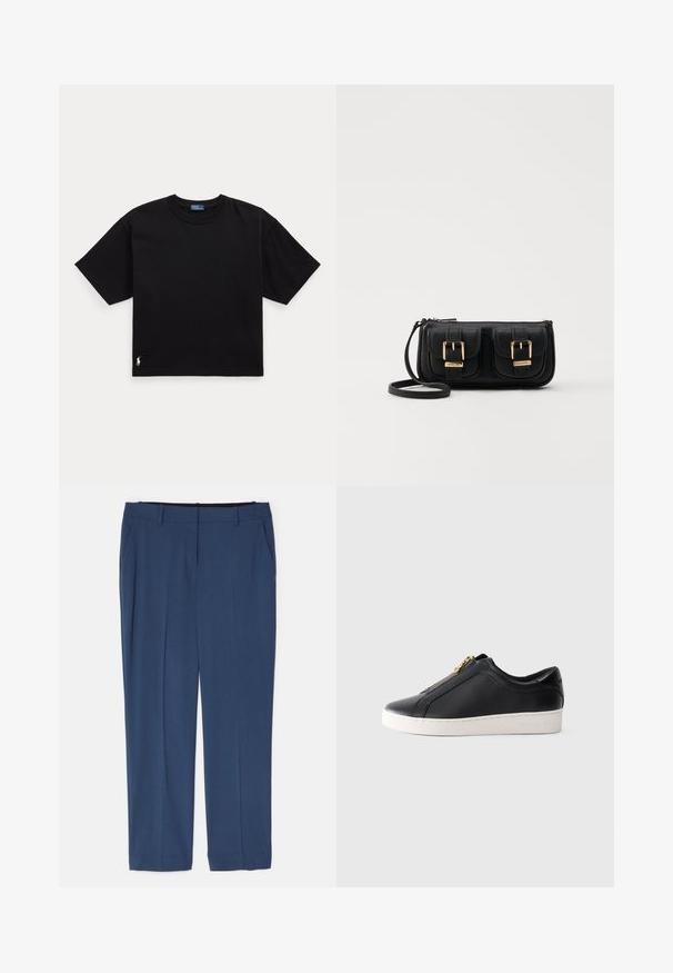 Must musta t-särk lühikeste varrukatega, ümar kaelus ja väike valge logo alumisel vasakul küljel. Klassikaline, kastikujuline lõige minimaalsete detailidega.; Theory TREECA - Püksid - ash blue; Mustad musta nahast madal jooksjal kinnise kuldse tõmbluku ja valge tallaga, külgvaade, minimalistlik stiil ühetoonilisel taustal.; Must küllastamata nahast õlakott, millel on kaks esist nähtavat taskut, kuldsed pandlad, tõmblukuga sulgemine ja peen rihm. Tekstuuriga pind ja kompaktne ristkülikukujuline kuju.