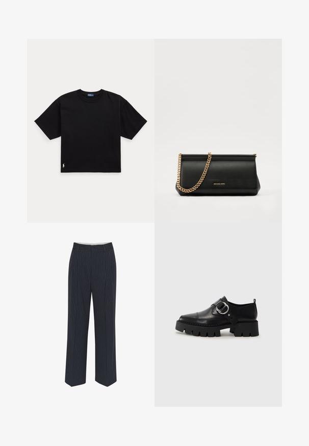 Zwarte katoenen T-shirt met korte mouwen, ronde hals en een klein wit logo op de linker benedenkant. Klassieke, rechte pasvorm met minimale details.; Marineblauwe broek met witte verticale streepjes, wijde pijpen, gladde stof, riemlussen en een vouw aan de voorkant voor een verzorgd uiterlijk.; Zwarte leren schoenen met een robuuste, geribbelde zool, voorzien van een ronde zilveren hardwareaccent en minimale stikdetails.; Zwarte leren clutch tas met een gouden kettinghengsel, voorzien van een gladde textuur, rechthoekige vorm en reliëfmerk op de voorkant.