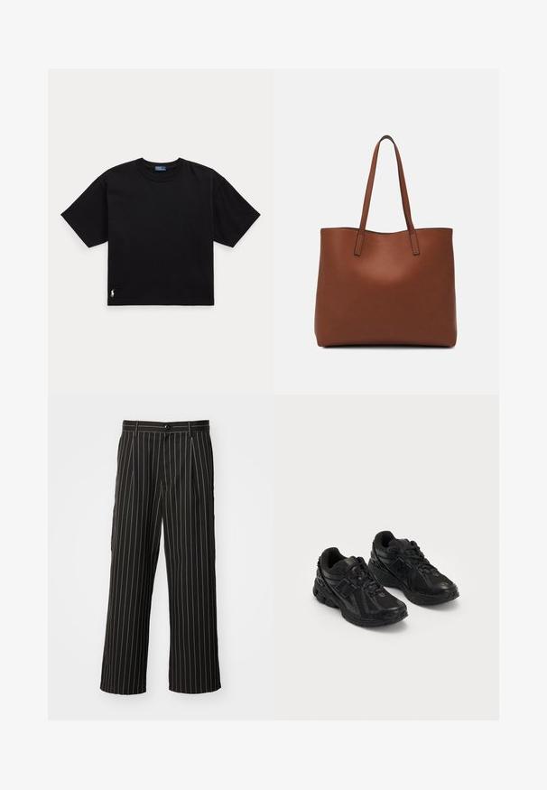 T-shirt en coton noir à manches courtes, col rond, avec un petit logo blanc en bas à gauche. Coupe classique, ample, avec un minimum de détails.; Pantalons larges noirs avec un motif à rayures verticales, fabriqués en tissu lisse avec une fermeture à bouton et des poches latérales.; Chaussures de sport noires en maille et en matériaux synthétiques. Elles disposent d'une semelle rembourrée, de motifs texturés et d'un logo en relief sur le côté.; Sac fourre-tout en cuir marron avec une texture lisse, design à ouverture supérieure et deux poignées pour le porter à l'épaule. Présente des coutures minimales et aucun matériel visible.