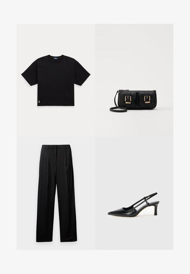 Black cotton t-shirt with short sleeves, round neck, and a small white logo on the bottom left. Classic, boxy fit with minimal detailing.; Black, wide-leg trousers with a smooth fabric texture, featuring front pleats, belt loops, and a zipper fly.; Black patent slingback heel with a pointed toe, featuring textured snake print, adjustable strap, and a short, textured block heel.; Black leather crossbody bag with two front pockets, gold buckles, zipper closure, and a slim strap. Textured surface and compact rectangular shape.