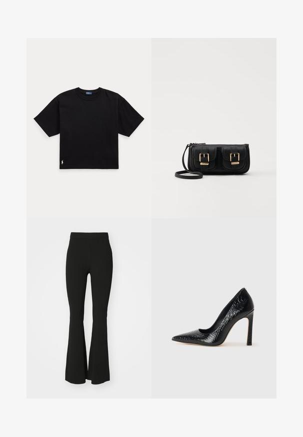 Melnā kokvilnas t-krekls ar īsām piedurknēm, apaļu kaklu un mazu baltu logo apakšējā kreisajā stūrī. Klasisks, taisnstūrveida piegriezums ar minimālu detaļu skaitu.; Melni zviedri bikses, kas izgatavotas no stiepļu auduma, ar augstu jostasvietu un gludu, neizšūtā virsma. Vienkāršs un pieguļošs dizains.; Melni augstpapēžu apavi ar norādītu purngalu, ar krokodila ādas tekstūru, izceļoties ar elegantu dizainu, augstu stiletto papēdi un gludu melnu interjeru.; Melnas ādas crossbody soma ar divām priekšējām kabatām, zelta sprādzēm, ar rāvējslēdzēju aizdari un šauru siksnu. Strukturēta virsma un kompakta taisnstūra forma.