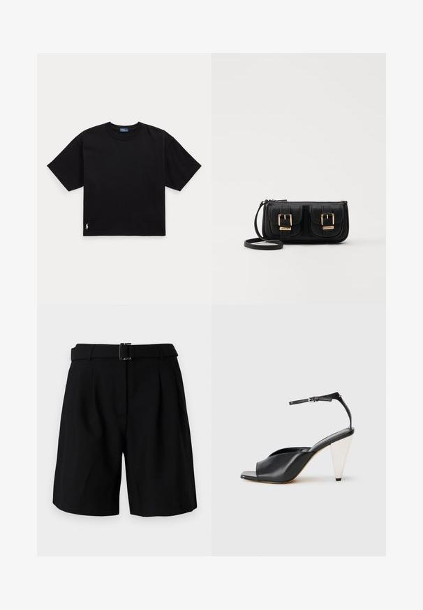 Schwarzes Baumwoll-T-Shirt mit kurzen Ärmeln, Rundhalsausschnitt und kleinem weißen Logo unten links. Klassische, kastige Passform mit minimaler Detailgestaltung.; Schwarze maßgeschneiderte Shorts mit glatter Textur, breitem Taillenbund und metallischem Schnallen-Detail. Strukturiertes Design und gefaltete Vorderseite.; Schwarze Leder-Hochzehen-Sandale mit offener Zehe, asymmetrischem Design, Knöchelriemen und metallic kegelförmigem Absatz. Glatte Textur über das gesamte Produkt.; Schwarze Leder-Umhängetasche mit zwei vorderen Taschen, goldenen Schnallen, Reißverschluss und einem schmalen Tragegurt. Texturierte Oberfläche und kompakte rechteckige Form.