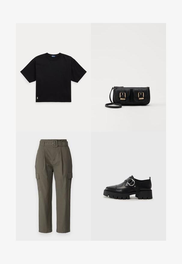 Crna pamučna majica s kratkim rukavima, okruglim izrezom i malim bijelim logom na donjem lijevom dijelu. Klasičan, širok kroj s minimalnim detaljima.; Kargo hlače u maslinastozelenoj boji, izrađene od lagane tkanine. Značajke uključuju pojas sa remenom, prednje nabore i bočne džepove s preklopima.; Crne kožne cipele s debelim, rebrastim potplatom, koje imaju okrugli srebrni detalj i minimalne šavove.; Crna kožna torba preko ramena s dva prednja džepa, zlatnim kopčama, zatvaranjem na zip i uskim remenom. Teksturirana površina i kompaktan pravokutan oblik.
