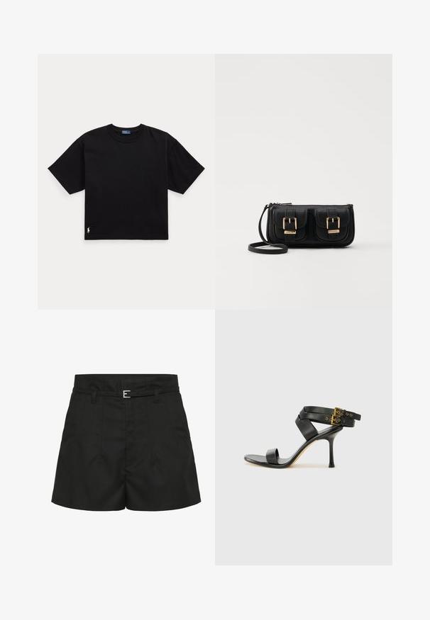 Black cotton t-shirt with short sleeves, round neck, and a small white logo on the bottom left. Classic, boxy fit with minimal detailing.; Black high-waist shorts with stitched pleats, side pockets, belt loops, and a slim black belt with a silver buckle.; Black heeled sandal with crossed straps and adjustable buckle. Features a smooth texture and tapered stiletto heel.; Black leather crossbody bag with two front pockets, gold buckles, zipper closure, and a slim strap. Textured surface and compact rectangular shape.