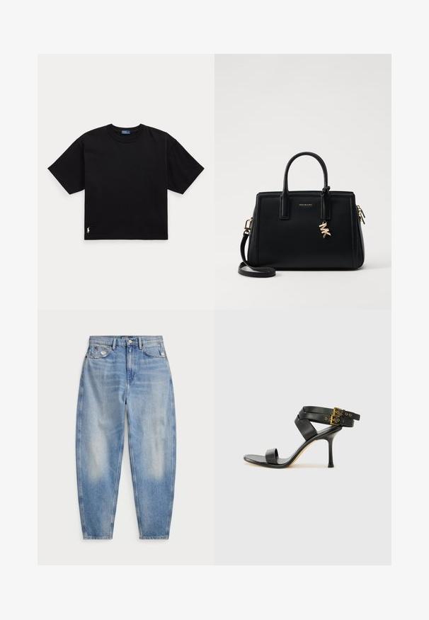 Czarny bawełniany t-shirt z krótkim rękawem, okrągłym dekoltem i małym białym logo w lewym dolnym rogu. Klasyczny, prostokątny krój z minimalnymi detalami.; Jasnoniebieskie dżinsy z wysokim stanem, zwężającymi się nogawkami, przednimi i tylnymi kieszeniami, lekkimi przetarciami w okolicy przednich kieszeni oraz zapięciem na guzik.; Czarne sandały na obcasie z krzyżującymi się paskami i regulowanym zapięciem. Charakteryzują się gładką teksturą i zwężanym obcasem w kształcie szpilki.; Czarna skórzana torebka o strukturalnym designie, z dwiema górnymi uchwytami, odpinanym paskiem na ramię, złotymi akcesoriami i zawieszką z logo.