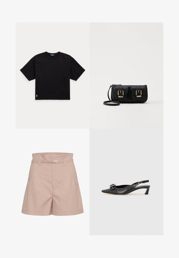 Čierne bavlnené tričko s krátkymi rukávmi, okrúhlym výstrihom a malým bielym logom v dolnom ľavom rohu. Klasický, voľný strih s minimalistickým designom.; Svetloružové šortky na mieru vyrobené z textúrovanej tkaniny, so širokým pásom, pútkami na opasok a detailom so striebornou sponou.; Čierne kožené sandále s úzkym prstom, malým opätkom a dekoratívnou sponou na vrchnej časti. Hladká textúra, minimalistický dizajn.; Čierna kožená crossbody taška s dvoma prednými vreckami, zlatými sponami, zipsovým uzatváraním a úzkym popruhom. Štruktúrovaný povrch a kompaktný obdĺžnikový tvar.