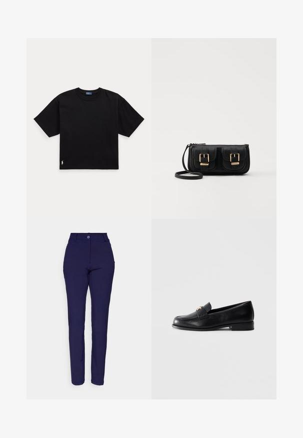 Černé bavlněné tričko s krátkým rukávem, kulatým výstřihem a malým bílým logem v dolním levém rohu. Klasický, boxy střih s minimálním detailem.; Calvin Klein Golf WINTER GENIUS TROUSER - Kalhoty - navy; Černé kožené mokasíny s nízkým podpatkem a zlatým dekorativním emblémem na pásku, vystavené na jednoduchém světlém šedém pozadí.; Černá kožená crossbody taška se dvěma předními kapsami, zlatými přezkami, zipovým uzávěrem a štíhlým popruhem. Texturovaný povrch a kompaktní obdélníkový tvar.