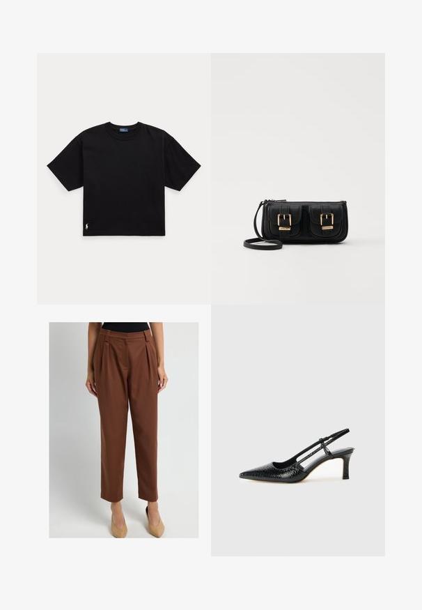 Czarny bawełniany t-shirt z krótkim rękawem, okrągłym dekoltem i małym białym logo w lewym dolnym rogu. Klasyczny, prostokątny krój z minimalnymi detalami.; Kobieta ubrana w brązowe, wysokie spodnie typu taper z zakładkami, w połączeniu z beżowymi szpilkami w szpic, stojąca na tle jasnej, gładkiej przestrzeni.; Czarne lakierowane czółenka na obcasie typu slingback z wąskim noskiem, z teksturowanym wzorem wężowym, regulowanym paskiem oraz krótkim, teksturowanym obcasem w kształcie słupka.; Czarna skórzana torba na ramię z dwoma przednimi kieszeniami, złotymi klamrami, zamkiem błyskawicznym i cienkim paskiem. Teksturowana powierzchnia i kompaktowy prostokątny kształt.; Złote metalowe kolczyki w kształcie obręczy o zakrzywionym, wydłużonym kształcie. Posiadają gładką, błyszczącą powierzchnię oraz zaokrąglony koniec dla dodatkowego efektu.