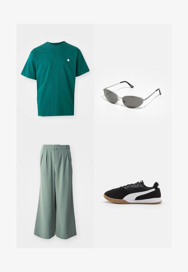 Tökéletes zöld pamut póló rövid ujjakkal, kerek nyakkivágással, és egy apró fehér logóval a bal felső mellrészen. Sima tapintású, lazán illeszkedő fazon.; Széles szárú nadrág puha, tompa zöld anyagból. Elülső plissékkel, laza szabással és sima textúrával rendelkezik. Nincsenek látható zsebek vagy fém alkatrészek.; Fekete sportcipők steppelt mintával, fehér oldalsávval és gumitalppal. Hálós felsőrész és kerek orrforma jellemzi.; Sötétített lencsékkel rendelkező napszemüveg, elegáns, ezüst színű fém vázzal, aerodinamikus kialakítással, hegyes szélekkel és vékony szárakkal.