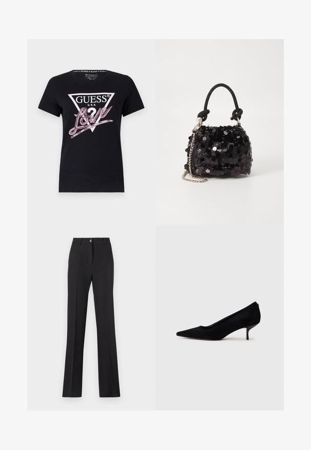 Czarna bawełniana koszulka z trójkątnym logo oraz napisem "GUESS U.S.A." i "Love" wykonanym z różowych cyrkonii na przodzie.; Czarne, dopasowane spodnie o prostym kroju. Posiadają zapięcie na guzik, szlufki na pasek oraz gładką, matową fakturę.; Czarny zamszowy but na wysokim obcasie z wydłużonym noskiem i smukłym, niskim obcasem. Gładka tekstura z eleganckim wzornictwem, bez widocznych elementów metalowych.; Czarna mini torebka z cekinami, z węzłowym, teksturowanym paskiem i srebrnym łańcuchem. O zaokrąglonym kształcie z marszczoną górą i refleksyjnymi detalami.
