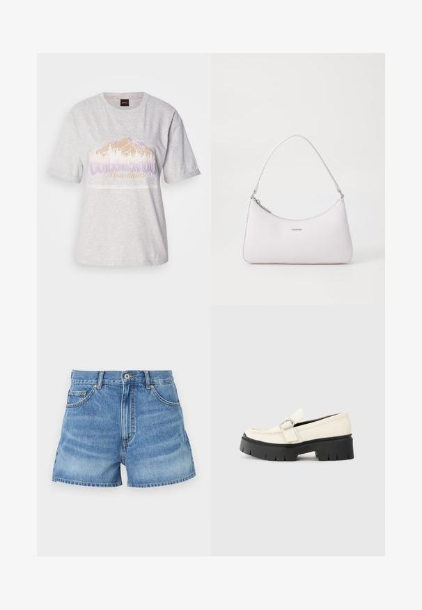 Vaaleanharmaa puuvillapaita, jossa on lyhyet hihat, vuorikuva ja teksti purppurassa ja beigeväri. Pyöreä kaula-aukko, rento istuvuus.; Vaaleansiniset farkkushortsit, joissa on korkea vyötärö, viisi taskua ja raakareunat. Niissä on metallinen nappi ja kontrastiväriset ompeleet saumoissa.; Valkoinen nahkainen loafers-kengät, joissa on paksu musta pohja, esillä suorakaiteen muotoinen hopeinen solki ja näkyvät ompelusaumat päällä.; Vaaleanpunainen nahkainen olkalaukku, jossa on kaareva muotoilu, vetoketjukiinnitys ja hopeiset yksityiskohdat. Minimalistinen logo edessä.