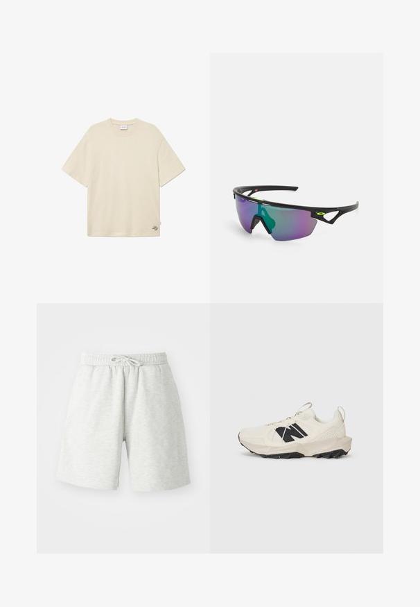 Krämfärgad t-shirt i bomull, med rund halsringning, korta ärmar och en subtil logodetalj broderad i nederkant till höger.; Ljusgrå bomullsshorts med elastisk midja, snörningsdetalj och sidfickor. Mjuk textur, knälång design.; Ljus beige sneaker med en övre del av mesh, svart logotyp och texturerad sula. Accentuerad med ett geometriskt mönster på mellansulan.; Sportiga solglasögon med svart ram, stora gradientlinser som har lila och gröna nyanser, samt vinkelräta designaccenter med logotypdetalj.