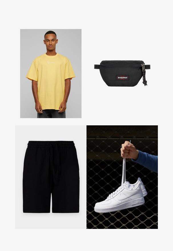 Gelbes, übergroßes Baumwoll-T-Shirt mit kurzen Ärmeln, das ein weißes Signatur-Logo auf der Vorderseite und einen runden Halsausschnitt aufweist.; Schwarze Shorts aus leichtem Material mit einem elastischen Bund und Kordelzug, Seitentaschen und einem lockeren Schnitt.; Weiße Leder-Sneaker mit Perforationen, runder Zehenpartie, flacher Sohle und dicken Schnürsenkeln, mit sichtbar eingesticktem Swoosh-Logo und "AIR" an der Ferse.; Schwarze Gürteltasche aus strapazierfähigem Material, mit einem Reißverschluss, verstellbarem Gurt und einem rot-schwarzen Logo-Patch auf der Vorderseite.