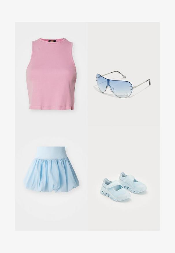 Rózsaszín bordázott crop top, kerek nyakkivágással és ujjatlan kivitelben. A derék felett végződő szegéllyel rendelkezik.; Világoskék, puffos szoknya széles gumis derékkal. Puha, könnyű anyagból készült, áramló, ráncolt deisgnal.; Világoskék sportcipők hálós anyagból, hangsúlyos kivágásokkal a talpban, és tépőzáras pánttal a tetején a biztos illeszkedés érdekében.; Pilóta napszemüveg, melynek áttetsző kék lencséje, ezüst fém kerete és díszes csillag díszítések találhatók a lencsén. Simogató és elegáns dizájn.