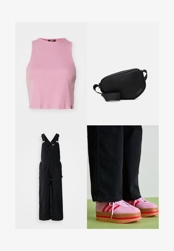 Rosa ribbede crop top med rund halsringning og uden ærmer. Har en afslutning ved kanten, der slutter lige over taljen.; Sorte denim overaller med vide ben, justerbare skulderremmer, frontlomme og sølvfarget hardware. Glatt tekstur, minimalistisk design.; Rosa semsket plattform sneakers med røde detaljer og tre striper, med en tykk, transparent gummisåle, kombinert med svarte bukser.; Svart, glidelåslukket crossover-veske laget av glatt materiale, med en flat form, en enkel stropp og en liten logo-detalj. Minimalistisk design.