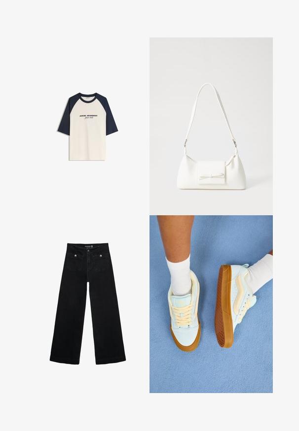 Raglan-hihainen t-paita vaaleassa kermassa, jossa tummansiniset hihat. Tässä t-paidassa on edessä mustana teksti "ANGEL NUMBERS 912-412". Materiaali on puuvillasekoitetta.; Mustat leveälahkeiset farkut korkean vyötärön kanssa, joissa on kaksi etutaskua ja metalliset nappikoristeet. Kangas on sileä.; Vaaleansinisiä lenkkareita, joissa on kermaisia yksityiskohtia, narut, kumipohja ja teksturoitu pito. Yhdistetty valkoisten pituussukkien kanssa sinisellä pinnalla.; Valkoinen synteettinen käsilaukku, jossa on kolmikulmainen muoto, tasainen etu läppä ja nauhadetail, säädettävä olkahihna, sileä rakenne ja minimalinen muotoilu.