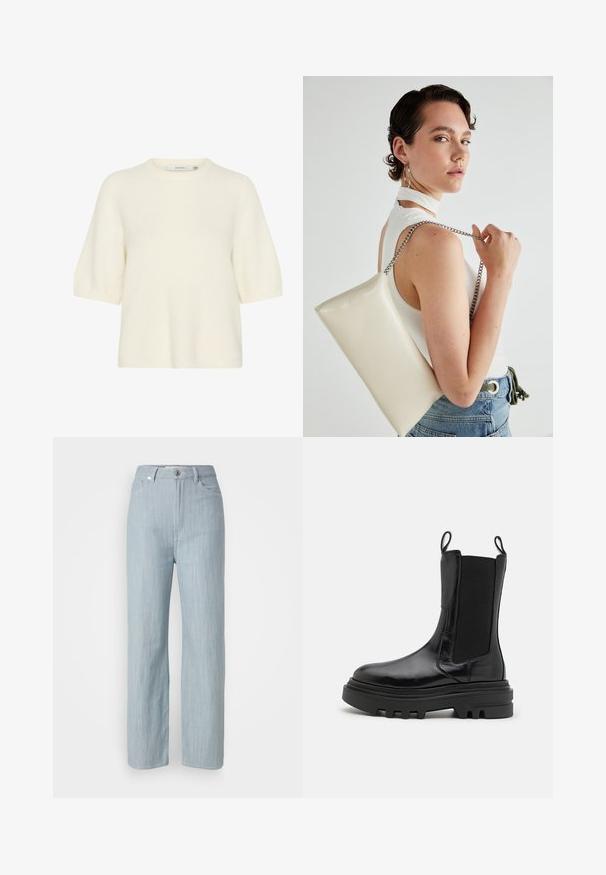 Rövid ujjú, kerek nyakú pulóver puha, bolyhos anyagból, krémszínben. Lazább szabású, bordázott mandzsettákkal és szegéllyel rendelkezik.; Világoskék egyenes szárú farmernadrág. Öt zsebbel, fém gombos záródással és finom kopási hatással a textúra érdekében rendelkezik.; Fekete bokacsizmák fényes bőr felülettel, elasztikus oldalsó panelek, húzófülek és vastag, mintázott gumitalp. Masszív dizájn, elegáns sziluett.; Fehér, téglalap alakú, fényes anyagból készült clutch táska, ezüst láncos pánttal. A modell pózol, bemutatva a táskát egy egyszínű háttér előtt.