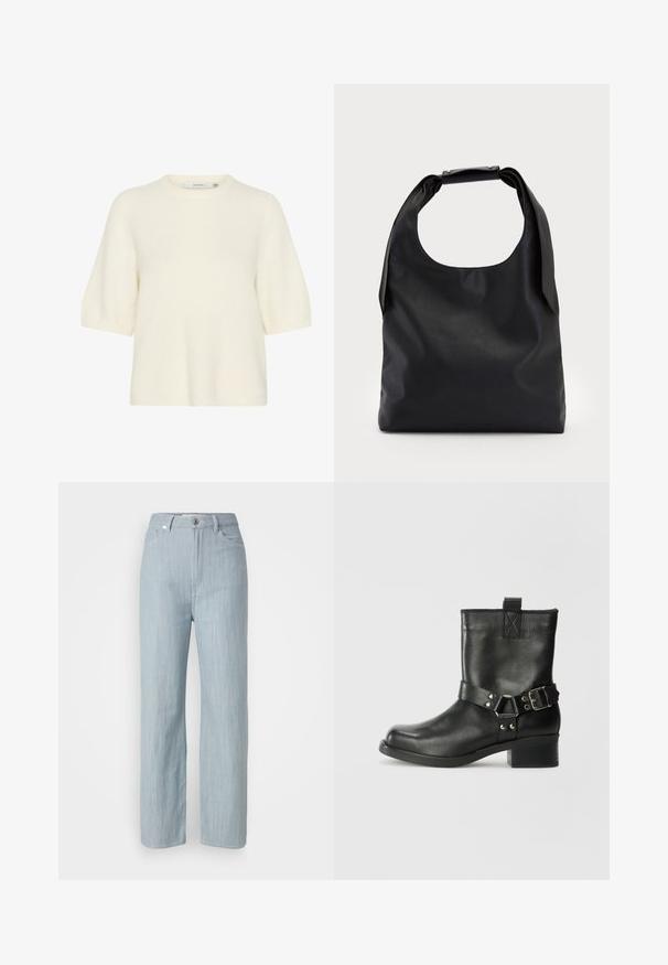 Pulover s kratkim rukavima i okruglim izrezom, napravljen od mekanog, pahuljastog materijala u boji slonovače. Ima opušteni kroj s rebrastim rukavima i donjim rubom.; Svijetloplave traperice ravnog kroja. Imaju pet džepova, metalno dugme za zatvaranje i suptilne tragove habanja za dodatnu teksturu.; Samsøe Samsøe SABRENTA - Kaubojske/motorističke gležnjače - black; Crna kožna hobo torba s jednim mekanim, zaobljenim ručkom; karakterizira je glatka tekstura i minimalistički dizajn. Nema vidljivih hardverskih detalja ili akcenata.