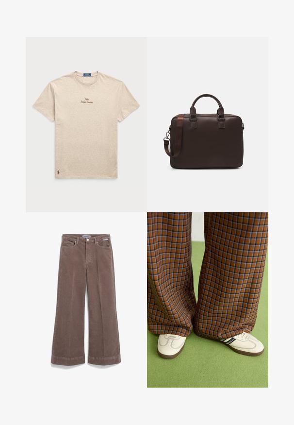 Beige Baumwoll-T-Shirt mit kurzen Ärmeln, Rundhalsausschnitt, mit gesticktem "Polo Ralph Lauren"-Logo in Braun und kleinem Logoemblem am Saum.; Braune weite Cordhosen mit glatter Textur, zwei Fronttaschen und Knopfverschluss. Verfügt über einen sauberen Saum und eine entspannte Passform.; Braun und blaue Karohosen mit weitem Bein, kombiniert mit weißen Schuhen mit schwarzen Akzenten und strukturierten Sohlen, vor einem grünen Hintergrund.; Braune Leder-Laptoptasche mit strukturierter Oberfläche, doppelten Obergriffen, verstellbarem Gurt und zwei vorderen Schnallen für zusätzlichen Detailreichtum.
