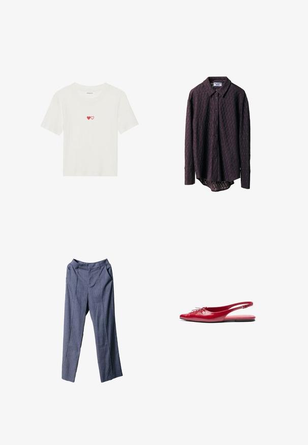 Fehér bordás, rövid ujjú póló, melyen két piros szív van hímzéssel a mellrészen. Puha anyag, klasszikus környakú fazon.; Hosszú ujjú, gombos ing sötétlila színben, texturált mintával, finom rombuszmintázattal és ívelt aljú kivágással.; Sötétkék csíkos nadrágok laza fazonnal, rugalmas derékkal, oldalsó zsebekkel és sima, könnyű anyagból.; Piros bőr, hátul nyitott lapos cipő, hegyes orral és dekoratív fűzős részlettel az elején, vékony bokapánttal és lapos talppal.