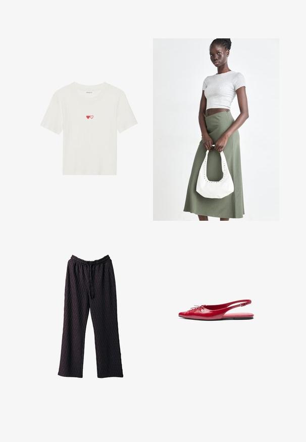 Bijela kratkotrajna majica s rebrastim uzorkom, koja na prsima ima dva izvezena crvena srca. Meka tkanina s klasičnim okruglim izrezom.; Tamno ljubičaste hlače širokih nogavica od teksturiranog materijala, s elastičnim pojasom i zatvaranjem na vezicu za prilagodljivu veličinu.; Crvene kožne cipele s remenom oko pete, ravne, s šiljastim vrhom i dekorativnim vezanjem sprijeda, s uskim remenom oko gležnja i ravnim đonom.; Sivi rebrasti crop top i maslinasto zeleni suknja visokog struka. Model drži bijelu torbu preko ramena s izrezima. Jednostavan dizajn, tijesna silueta.